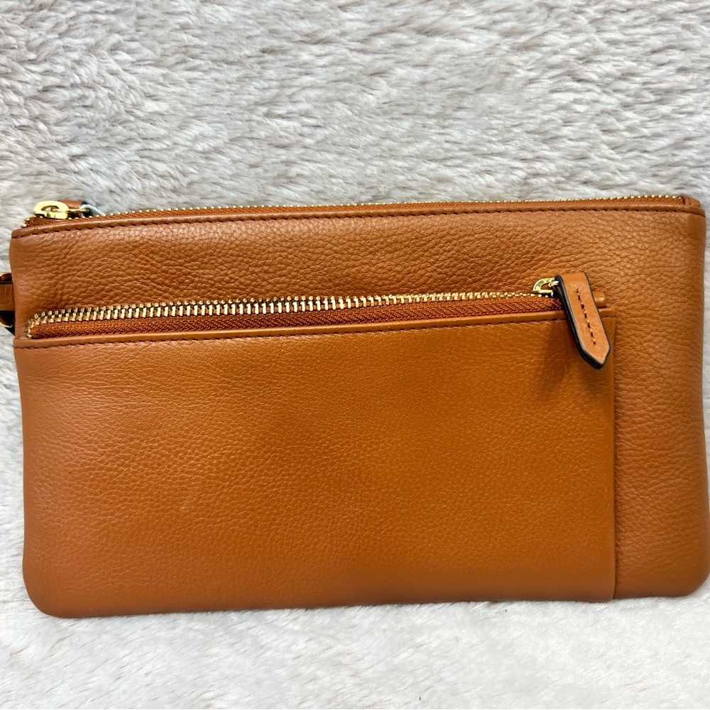 Tan Leather Clutch with Gold Zipper